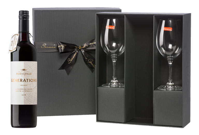 Bleasdale Generations Shiraz Xmas Black Box W Glasses PNG for Website Banner
